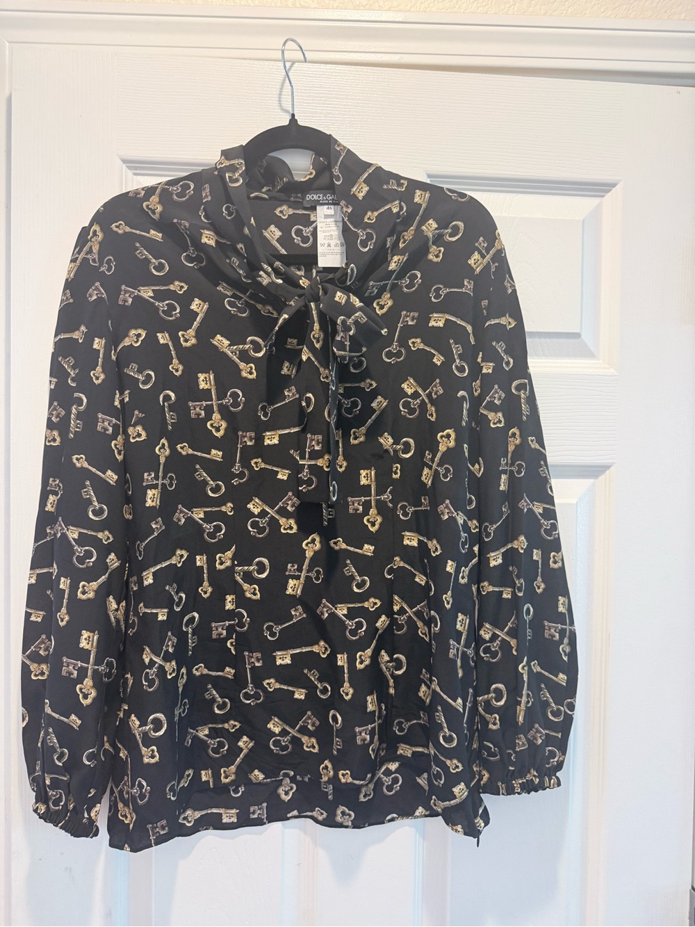 Dolce & Gabbana Black Blouse with Gold and Tan Key Print